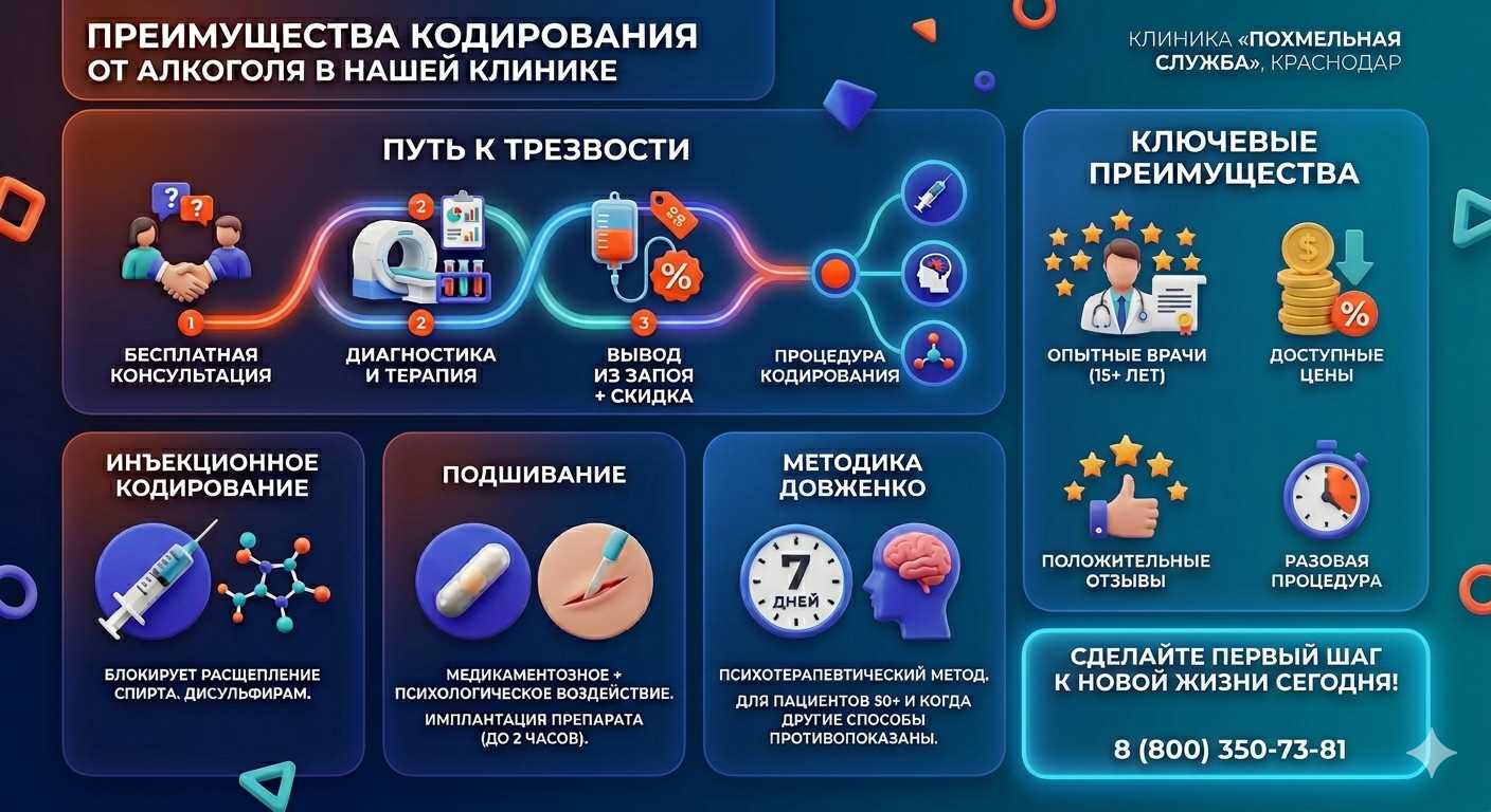 Инфографика о методах кодирования от алкоголя в Аргаяше: инъекции, подшивание, метод Довженко. Преимущества клиники и этапы лечения.